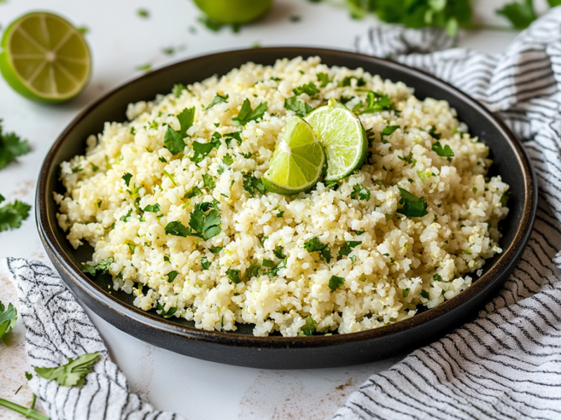 Ein großer schwarzer Teller mit Koriander-Limetten-Blumenkohlreis, der mit frischen Limettenstücken garniert ist. Um den Teller herum liegt ein Küchenhandtuch drapiert. Außerdem liegen Koriander und eine aufgeschnittene Limette herum.