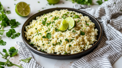 Ein großer schwarzer Teller mit Koriander-Limetten-Blumenkohlreis, der mit frischen Limettenstücken garniert ist. Um den Teller herum liegt ein Küchenhandtuch drapiert. Außerdem liegen Koriander und eine aufgeschnittene Limette herum.