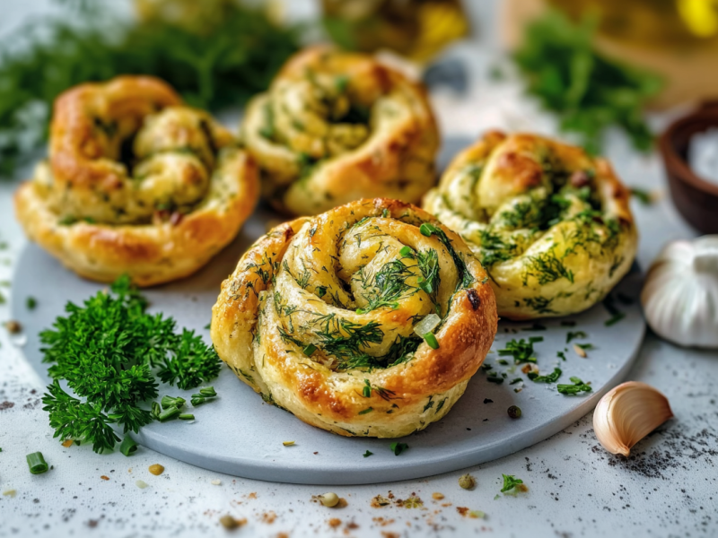 Vier Kräuter-Hefeknoten auf einem grauen Teller. Sie sind umgeben und bestreut mit frischen Kräutern. Rechts neben dem Teller liegt eine Knoblauchzehe sowie eine Knoblauchknolle. Im Hintergrund steht eine Schale Salz und drei Flaschen Öl.