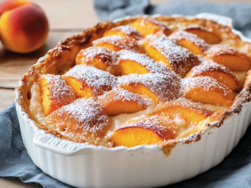 Ein Krapfen-Auflauf mit Pfirsichen in einer ovalen Form.