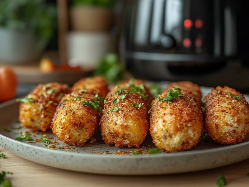 Teller mit Kroketten aus dem Airfryer, Heißluftfritteuse im Hintergrund
