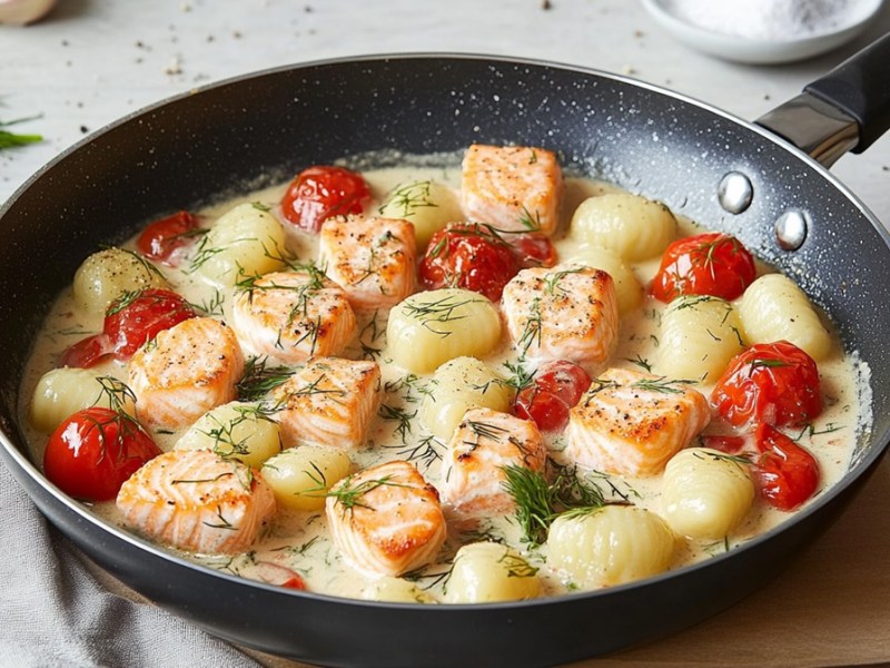 Lachs-Gnocchi-Pfanne auf einem Tisch