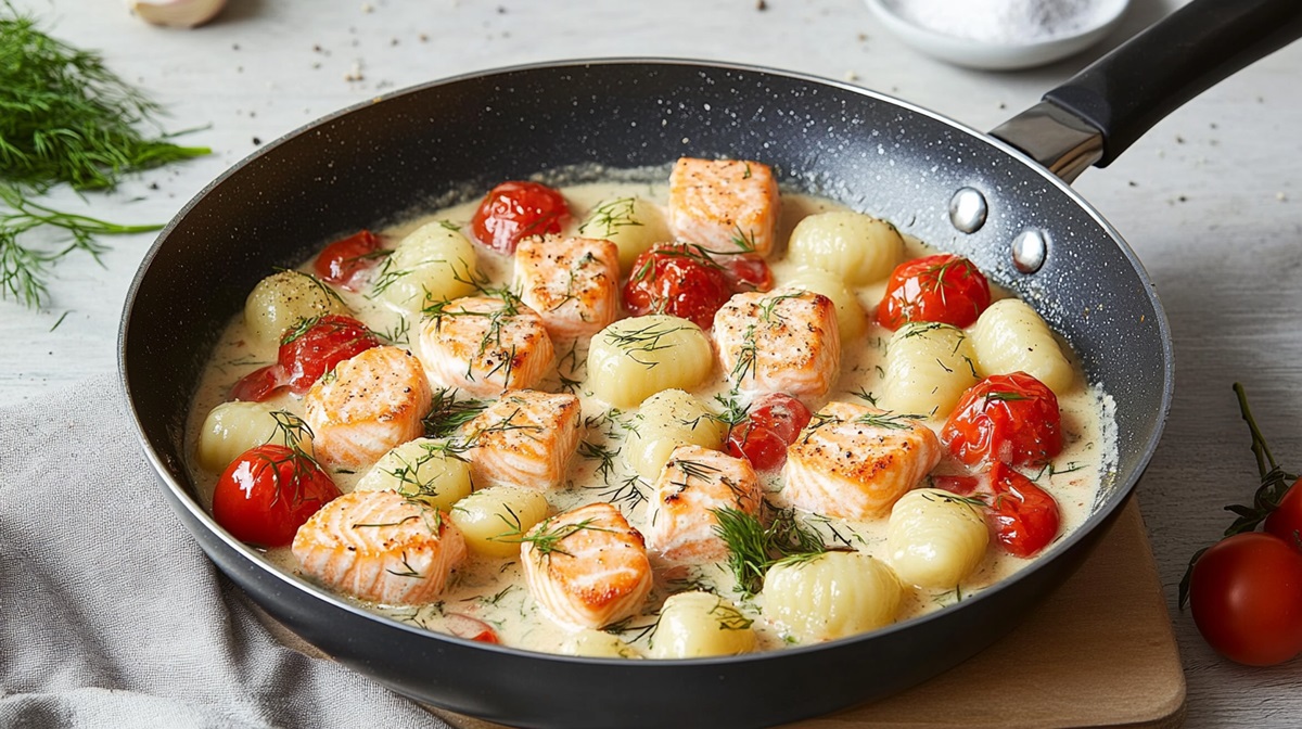Lachs-Gnocchi-Pfanne auf einem Tisch