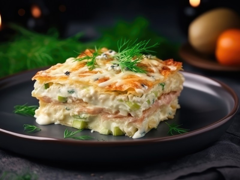 Teller mit einem Stück Lachs-Lauch-Lasagne