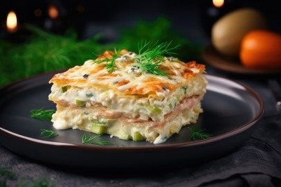 Teller mit einem Stück Lachs-Lauch-Lasagne