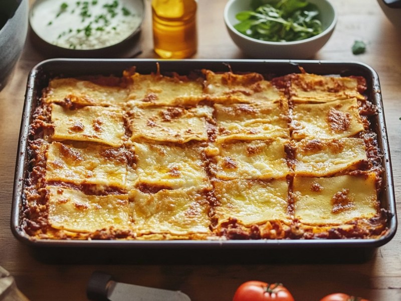 Lasagne vom Blech, drumherum viele verschiedene Zutaten.