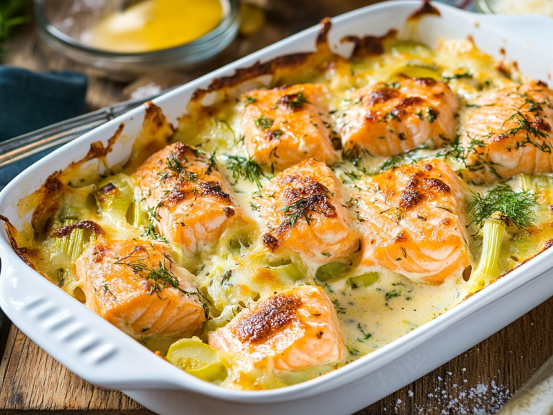 Lauch-Lachs-Auflauf in einer Auflaufform aus Keramik.