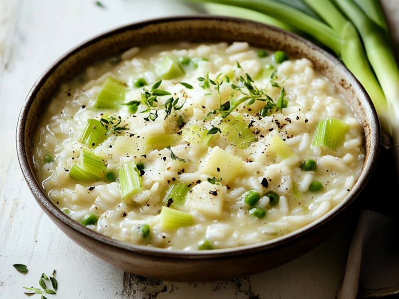 Eine Schüssel Lauch-Risotto, garniert mit Kräutern. Daneben liegen einige Stangen Lauch.
