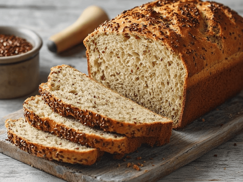 Ein angeschnittener Laib Leinsamenbrot ohne Hefe.