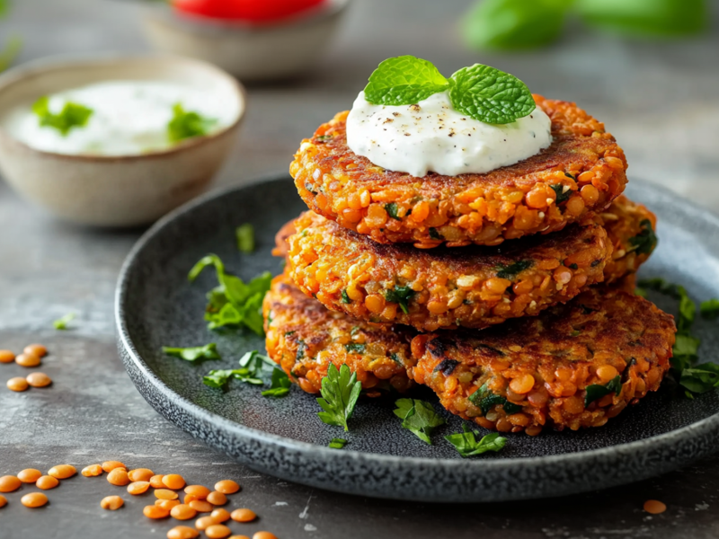 Ein Teller mit einem Stapel Linsen-Feta-Bratlinge, die mit einem Klecks Joghurt-Minze-Dip und frischer Minze garniert sind. Um den Teller liegen einige einzelne ungekochte rote Linsen verstreut. Im Hintergrund sind eine Schale mit Joghurt-Dip, eine Paprikaschote und frische Kräuter erkennbar.