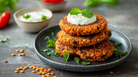 Ein Teller mit einem Stapel Linsen-Feta-Bratlinge, die mit einem Klecks Joghurt-Minze-Dip und frischer Minze garniert sind. Um den Teller liegen einige einzelne ungekochte rote Linsen verstreut. Im Hintergrund sind eine Schale mit Joghurt-Dip, eine Paprikaschote und frische Kräuter erkennbar.