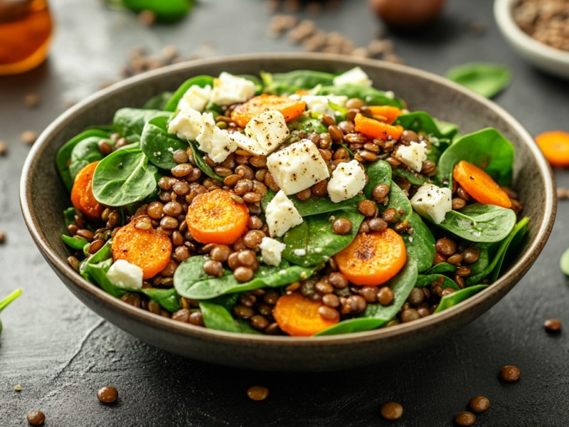 Schale mit Linsen-Salat mit gerösteten Karotten und Feta