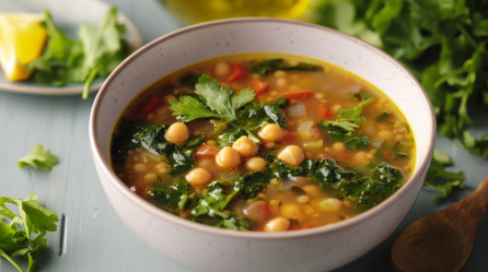 Eine helle Schüssel mit Linsen-Spinatsuppe steht auf einem grauen Tisch. Sie ist mit Kichererbsen, Spinat, Koriander und Karotten zubereitet. Links im Bild liegt weiterer frischer Koriander. Im Hintergrund sieht man eine angeschnittene Zitrone. Rechts im Bild liegt mehr Koriander sowie ein Holzlöffel.
