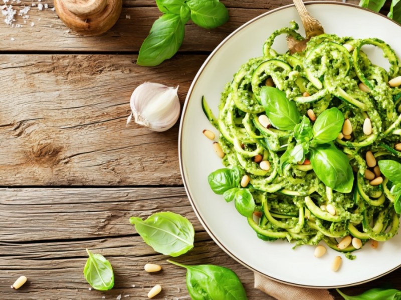 Low-Carb-Nudeln in Form von Zoodles nit Pesto auf einem Teller in der Draufsicht.