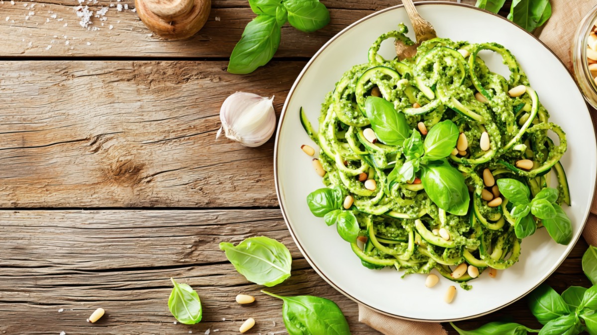 Low-Carb-Nudeln in Form von Zoodles nit Pesto auf einem Teller in der Draufsicht.