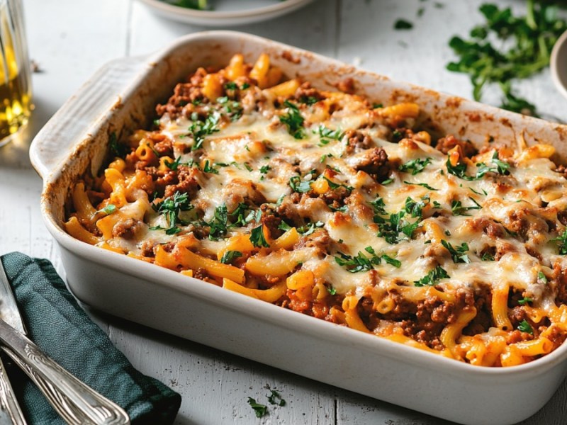 Ein Makkaroni-Bolognese-Auflauf in einer rechteckigen Form.
