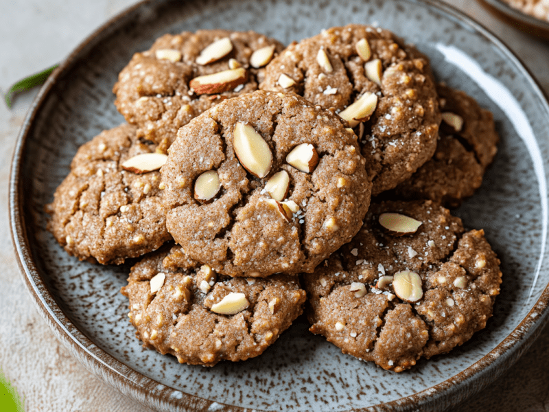Ein Teller mit sieben Mandel-Tahini-Keksen. Links und rechts neben dem Teller liegen gehackte Mandeln.