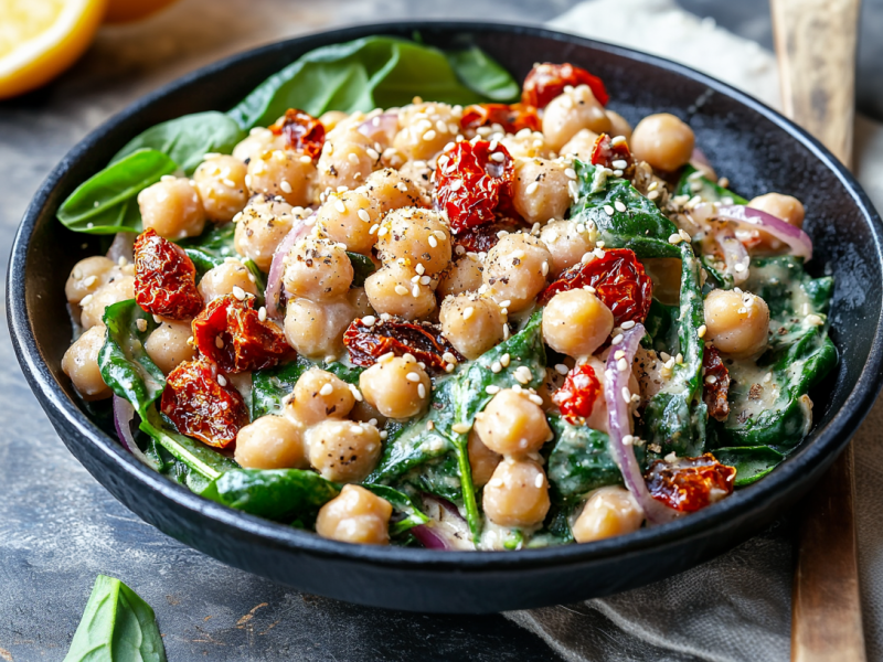 Eine Schüssel mit Marry Me Chickpeas steht auf grauem Untergrund. Rechts neben und halb neben der Schüssel liegt ein graues Tuch. Darauf befindet sich ein Holzlöffel. Links oben im Hintergrund liegt eine halbierte Orange.