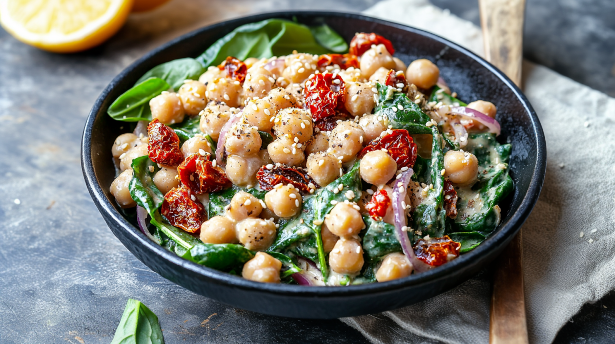 Eine Schüssel mit Marry Me Chickpeas steht auf grauem Untergrund. Rechts neben und halb neben der Schüssel liegt ein graues Tuch. Darauf befindet sich ein Holzlöffel. Links oben im Hintergrund liegt eine halbierte Orange.