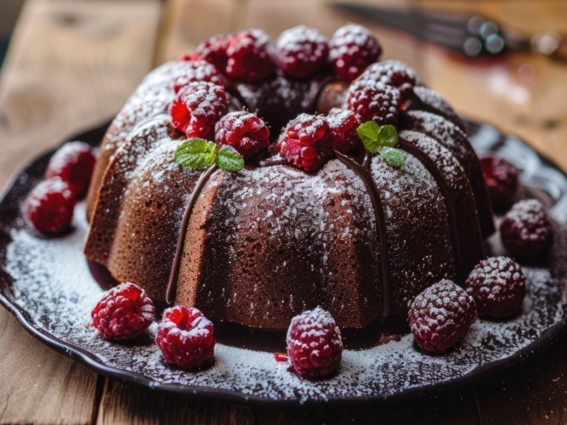 Ein Mayonnaise-Kuchen mit Puderzucker und frischen Himbeeren.