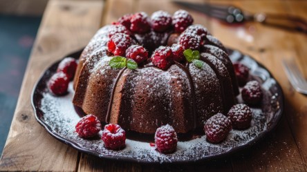Ein Mayonnaise-Kuchen mit Puderzucker und frischen Himbeeren.