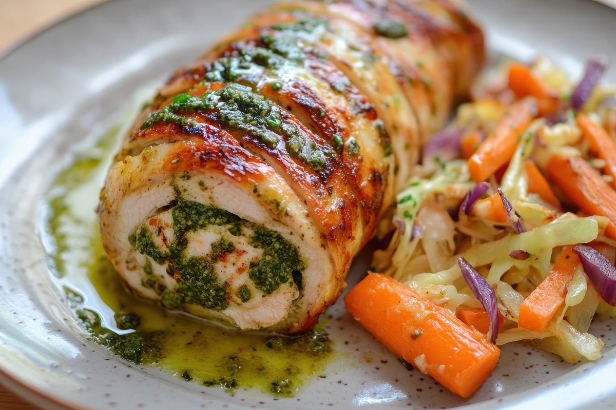 Mediterrane Hähnchen-Roulade auf einem Teller mit Gemüsebeilage