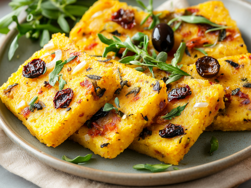 Einige mediterrane Polenta-Scheiben liegen auf einem grauen Teller. Sie sind mit frischen Kräutern angerichtet. Rechts im Bild liegt eine Tomate, links im Bild sieht man mehrere Oliven liegen.