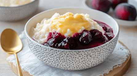 Eine Schüssel voll Milchreis mit Eierlikör und Pflaumenkompott. Die Schüssel steht auf einem Holzbrett, die mit einer dünnen Serviette dekoriert ist. Neben der Schlüssel liegt ein goldener Löffel. Im Hintergrund kann man eine weitere Schüssel mit Milchreis mit Eierlikör und einen Teller mit einigen Pflaumen erahnen.