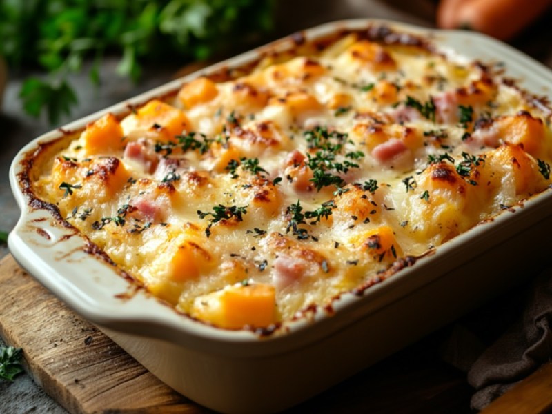 Ein Möhrenauflauf mit Schinken in einer rechteckigen Auflaufform.