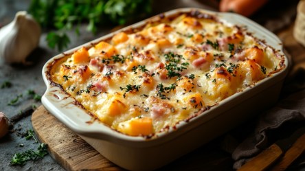 Ein Möhrenauflauf mit Schinken in einer rechteckigen Auflaufform.