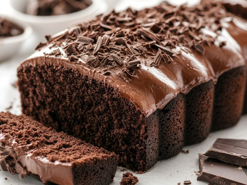 angeschnittener Mokka-Kuchen mit Schokolade daneben