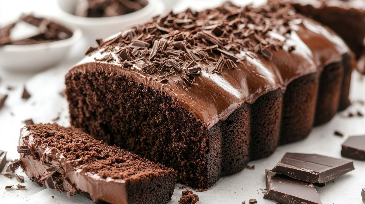 angeschnittener Mokka-Kuchen mit Schokolade daneben