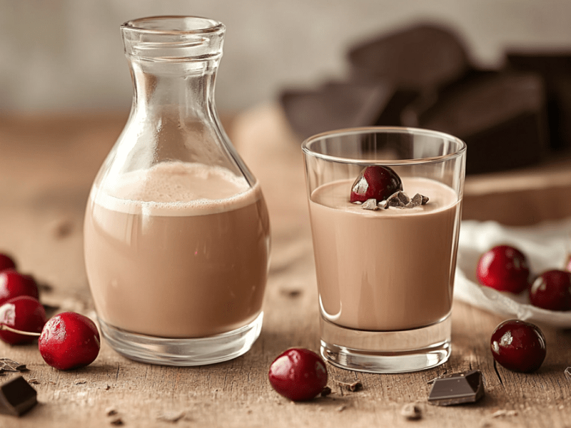 Eine kleine bauchige Flasche und ein Glas mit Mon-Chéri-Likör. Das Glas mit Mon-Chéri-Likör ist mit einer Kirsche und ein paar kleinen Schokostückchen garniert. Um die Flasche und das Glas liegen Kirschen und Schokostücke verteilt. Im Hintergrund ist eine Schale mit Zartbitterschokolade zu sehen.
