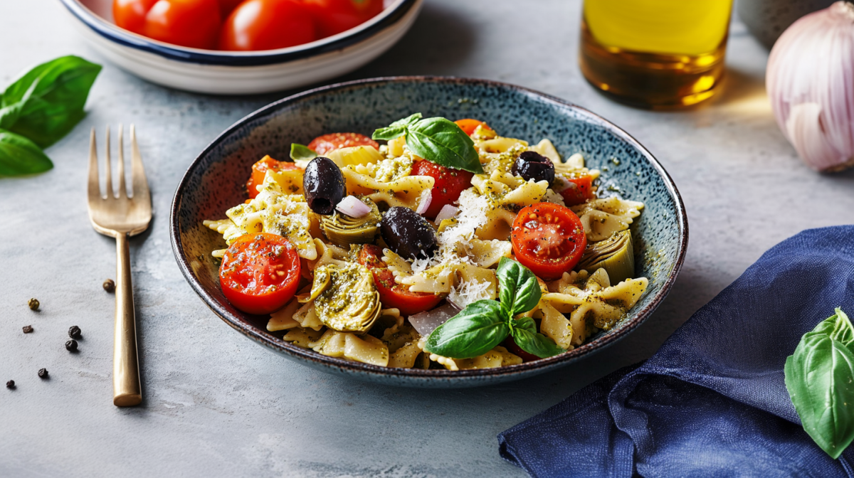 Eine Schüssel mit Nudel-Artischockensalat auf einem grauen Tisch. Links neben dem Salat liegt eine Gabel und einige Pfefferkörner. Daneben liegt frischer Basilikum. Im oberen Teil des Bildes stehen Tomaten, eine Flasche Öl sowie eine Knoblauchknolle. Rechts liegt ein blaues Tuch mit Basilikum darauf.