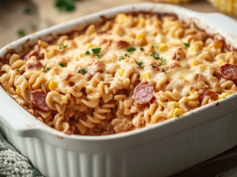 Ein Nudelauflauf mit Salami und Mais in einer weißen Auflaufform.