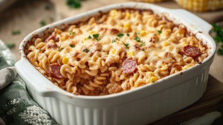 Ein Nudelauflauf mit Salami und Mais in einer weißen Auflaufform.