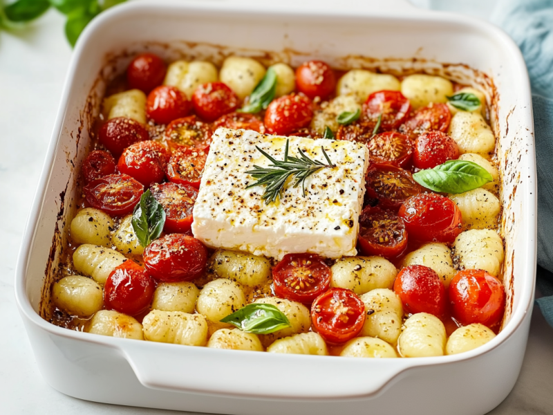 Ofen-Gnocchi mit gebackenem Käse auf einem hellen Untergrund. Rechts neben der Auflaufform liegt ein hellblaues Tuch. Links im Hintergrund sieht man ein wenig frischen Basilikum liegen.