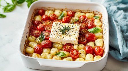 Ofen-Gnocchi mit gebackenem Käse auf einem hellen Untergrund. Rechts neben der Auflaufform liegt ein hellblaues Tuch. Links im Hintergrund sieht man ein wenig frischen Basilikum liegen.