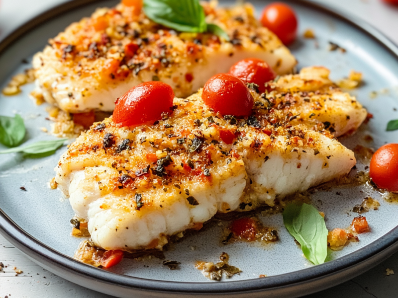 Zwei Stücke Ofenseelachs mit mediterraner Kruste liegen auf einem grauen Teller. Sie sind mit frischen Kräutern sowie Cherrytomaten garniert.