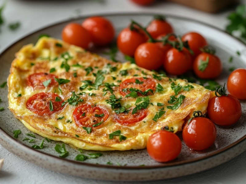 Ein Omelett mit Bärlauch und Tomaten auf einem Teller, auf dem noch ein paar kleine Tomaten liegen.