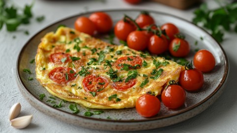 Ein Omelett mit Bärlauch und Tomaten auf einem Teller, auf dem noch ein paar kleine Tomaten liegen.