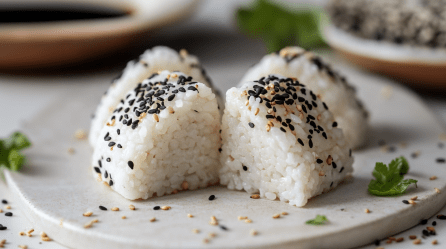 Onigiri ohne Noriblätter auf einer weißen Platte. Sie sind mit schwarzen und weißen Sesamkörnern bestreut. Neben ihnen liegen einige Kräuter, im Hintergrund sieht man eine große Schale mit Sojasoße.