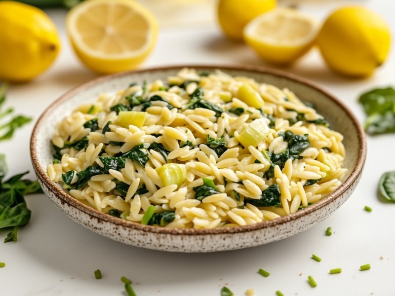 Ein Teller Orzo-Lauch-Pfanne mit Zitrone und Spinat, drumherum Spinatblätter und Zitronen.