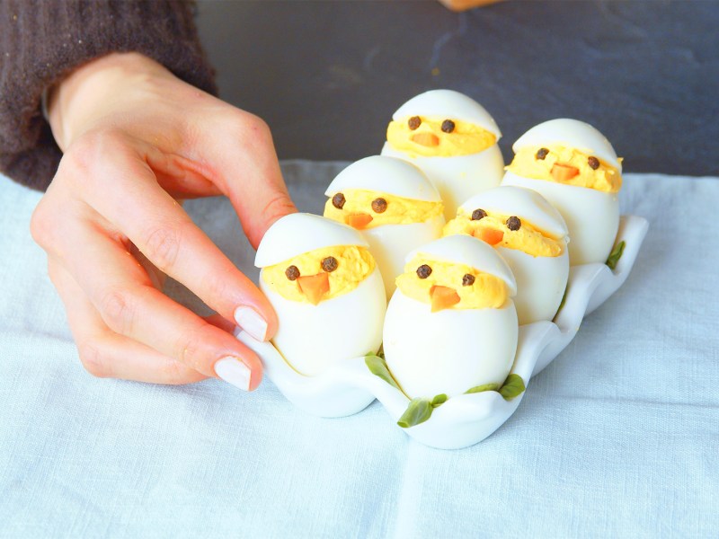 Sechs Eierküken als Oster-Fingerfood auf einem blauen Tuch.