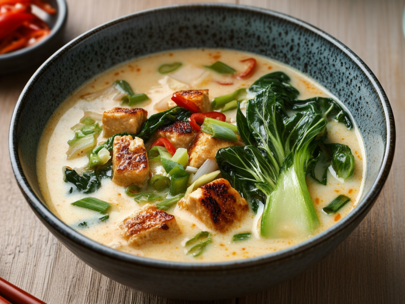 Eine Schüssel Pak Choi-Kokossuppe steht auf einem Holztisch. Vorne links im Bild liegen Essstäbchen. Links im Hintergrund sieht man eine Schale mit geschnittener Paprika. Rechts im Bild sieht man noch grüne Ringe von Frühlingszwiebeln.