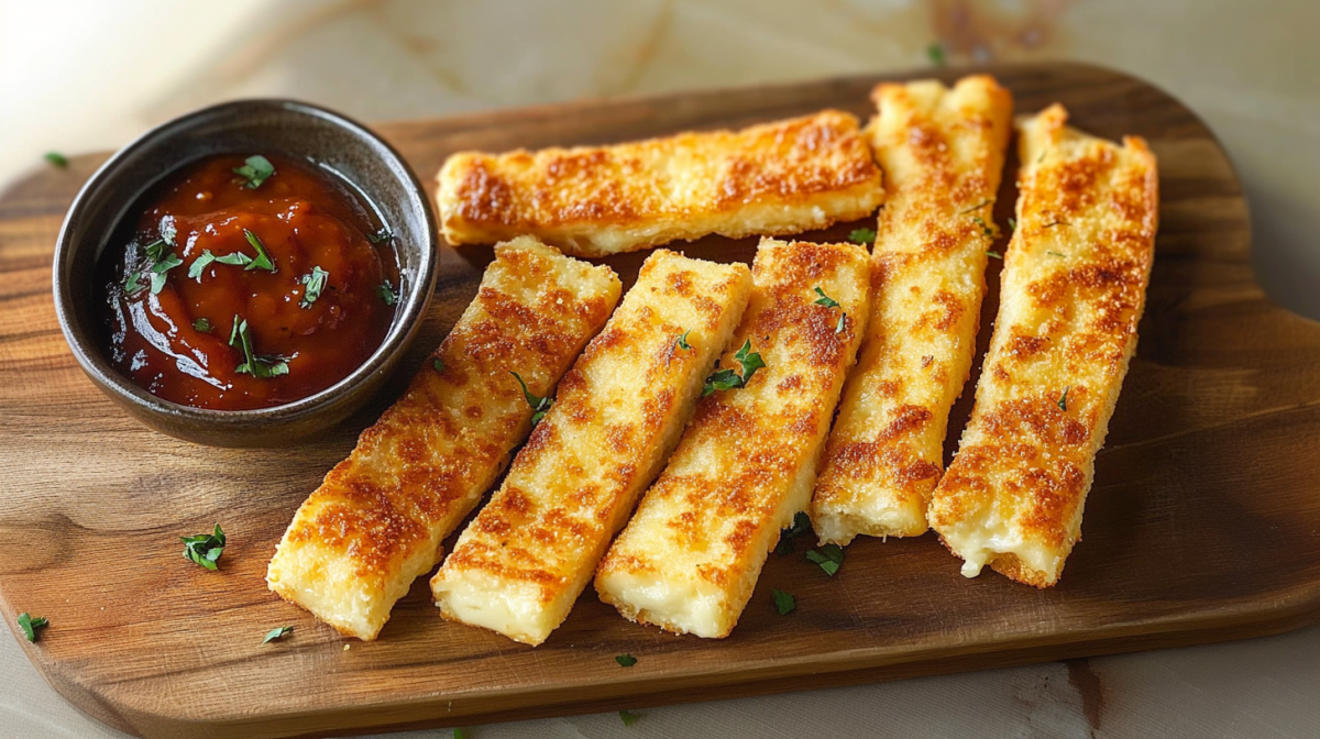 Panierte Camembert-Stäbchen auf einem Holzbrett. Daneben steht eine Schale mit Preiselbeer-Chili-Dip.