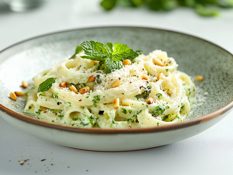 Ein Teller mit einer Portion Pasta mit Joghurt-Minze-Pesto, die mit frischer Minze, gerösteten Pinienkernen, geriebenem Parmesan und Chiliflocken garniert ist. Im Hintergrund sind frische Kräuter und Besteck erkennbar.