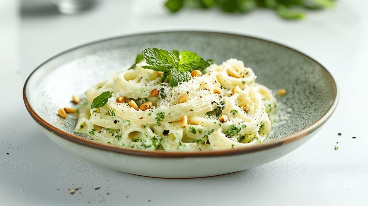 Ein Teller mit einer Portion Pasta mit Joghurt-Minze-Pesto, die mit frischer Minze, gerösteten Pinienkernen, geriebenem Parmesan und Chiliflocken garniert ist. Im Hintergrund sind frische Kräuter und Besteck erkennbar.