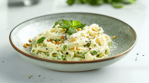 Ein Teller mit einer Portion Pasta mit Joghurt-Minze-Pesto, die mit frischer Minze, gerösteten Pinienkernen, geriebenem Parmesan und Chiliflocken garniert ist. Im Hintergrund sind frische Kräuter und Besteck erkennbar.