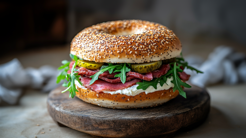 Ein Pastrami-Bagel liegt auf einem runden Holzbrett auf einem rustikalen Tisch. Im Hintergrund liegen Küchentücher.